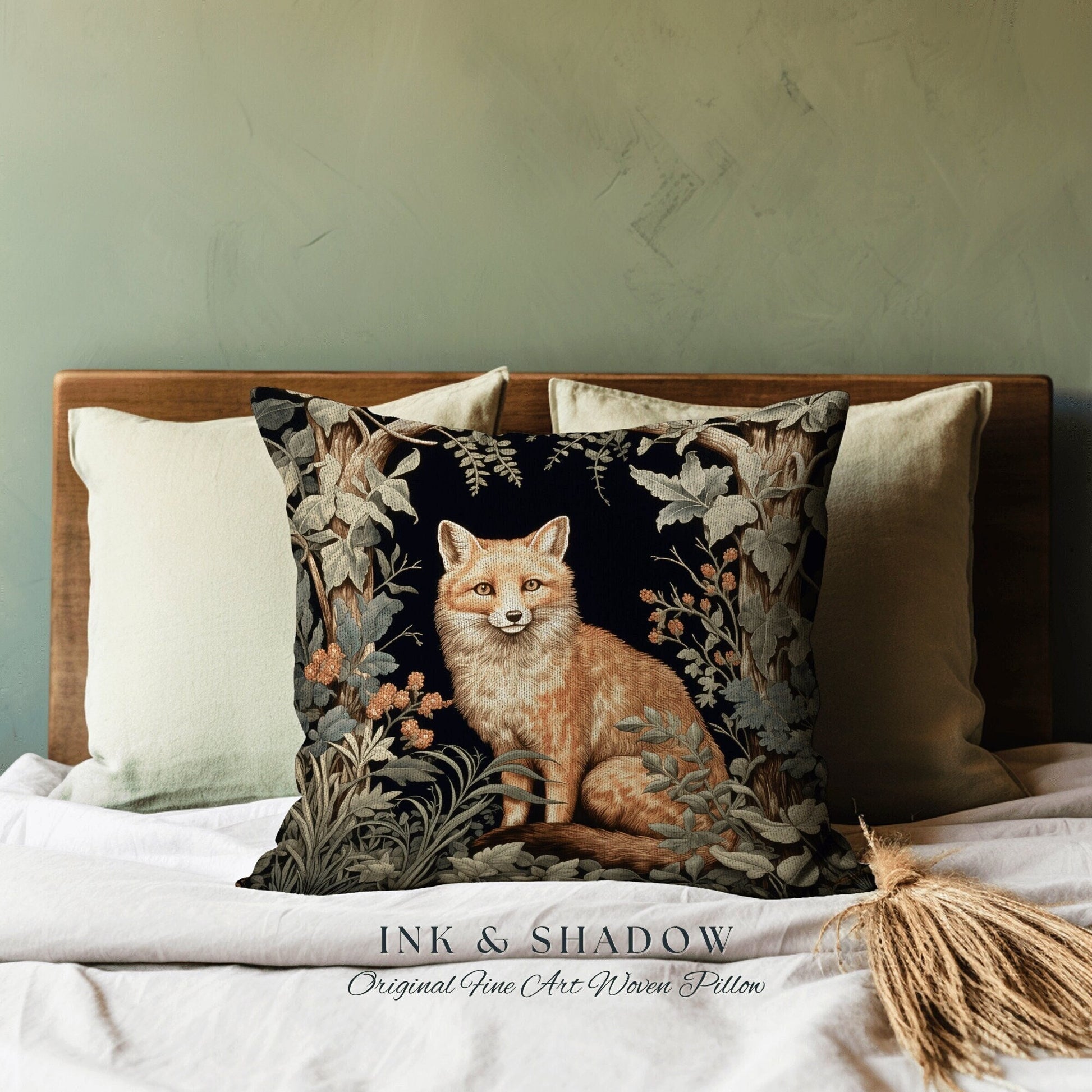 Morris Fox Woven Throw Pillow | Dark Academia William Morris Inspired Pillow Aesthetic Medieval Woven Pillow Victorian Gothic Fox Home Decor