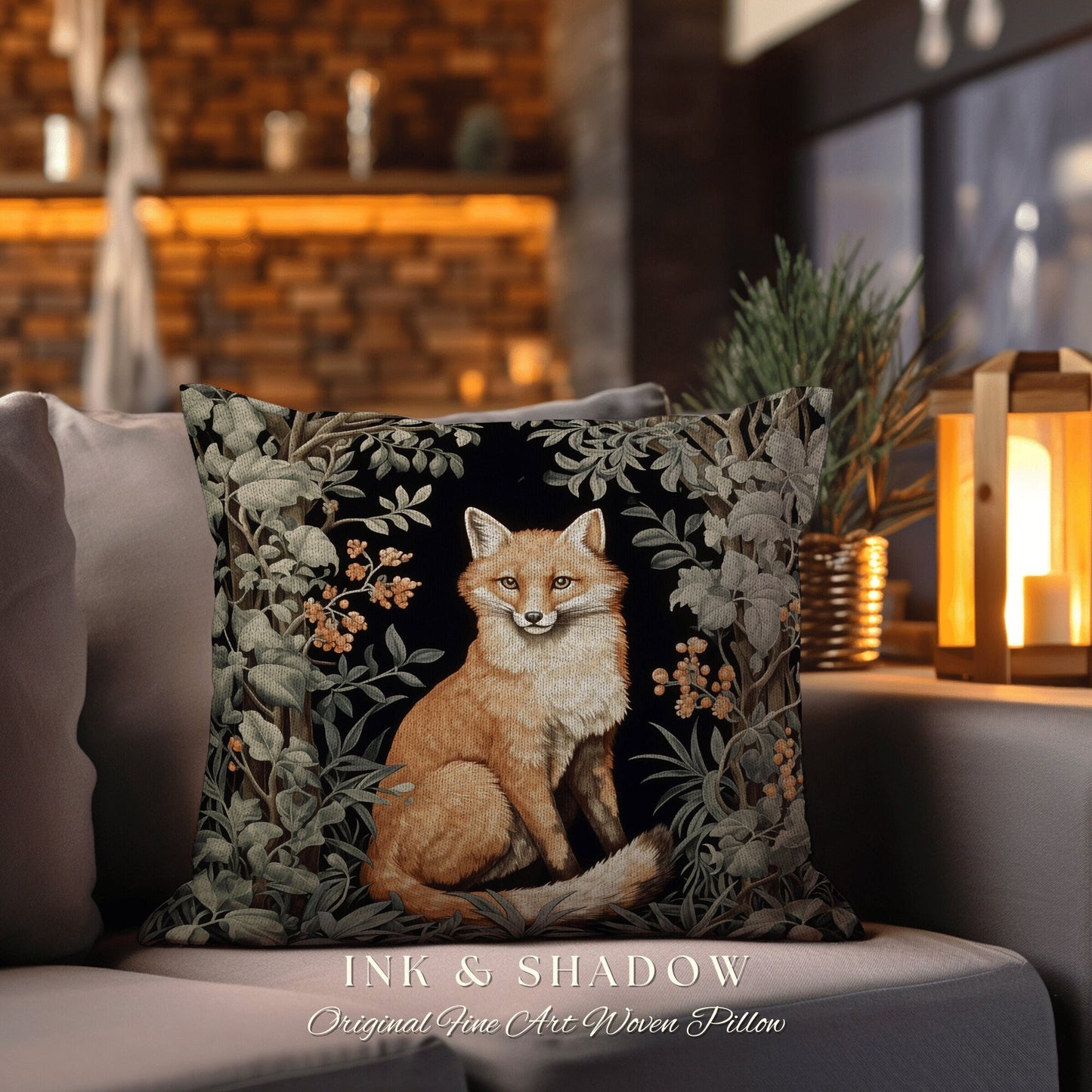 Dark Forest Fox Pillow Moody Botanical | Dark Academia William Morris Inspired Cushion Goth Aesthetic Medieval Woven Pillow Victorian Fox