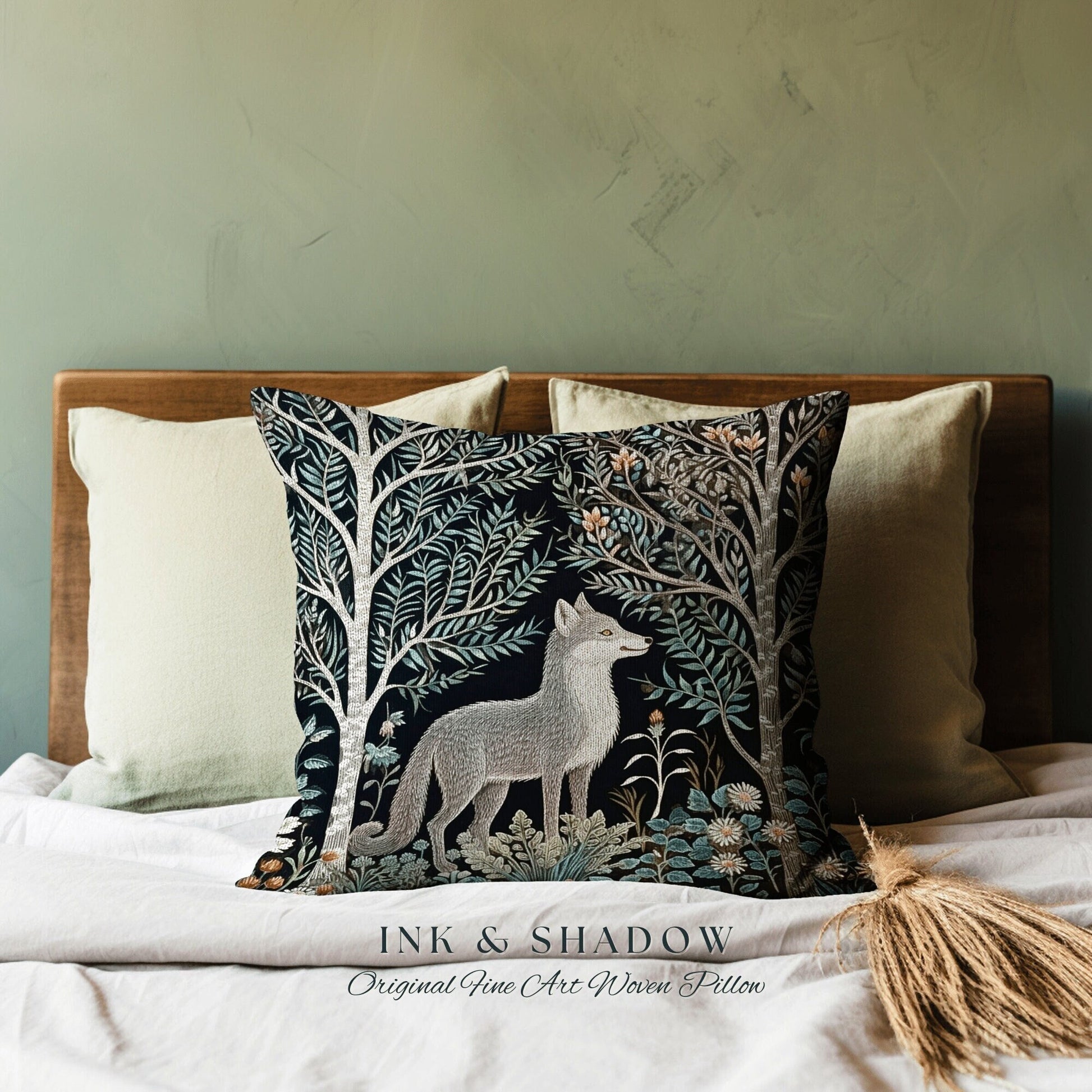 Scandinavian Woods Fox Pillow | Dark Academia William Morris Inspired Cushion Goth Aesthetic Medieval Woven Pillow Danish Fox Decor |