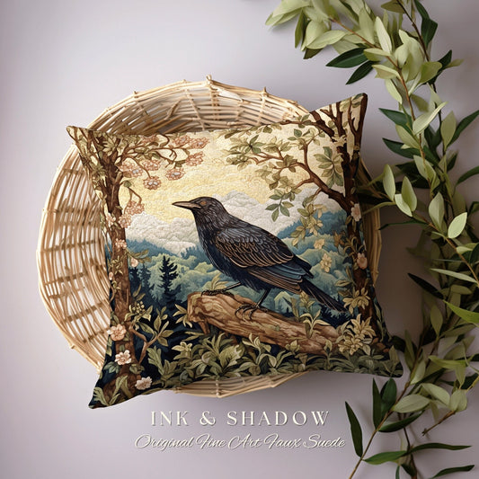 Crow Pillow Woven Landscape | Whimsy Aesthetic Rustic Woodland Boho Cottagecore Decor Crowcore Bedroom Ravrn Pillow Botanical Bedroom |