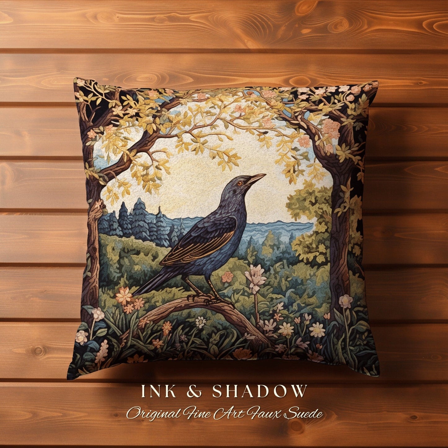 Crow Woven Pillow Whimsical | Gothic Pillow William Morris Inspired Raven Decor Crow Core Pillow Maximalist Rustic Pillow Dark Woodland Gift