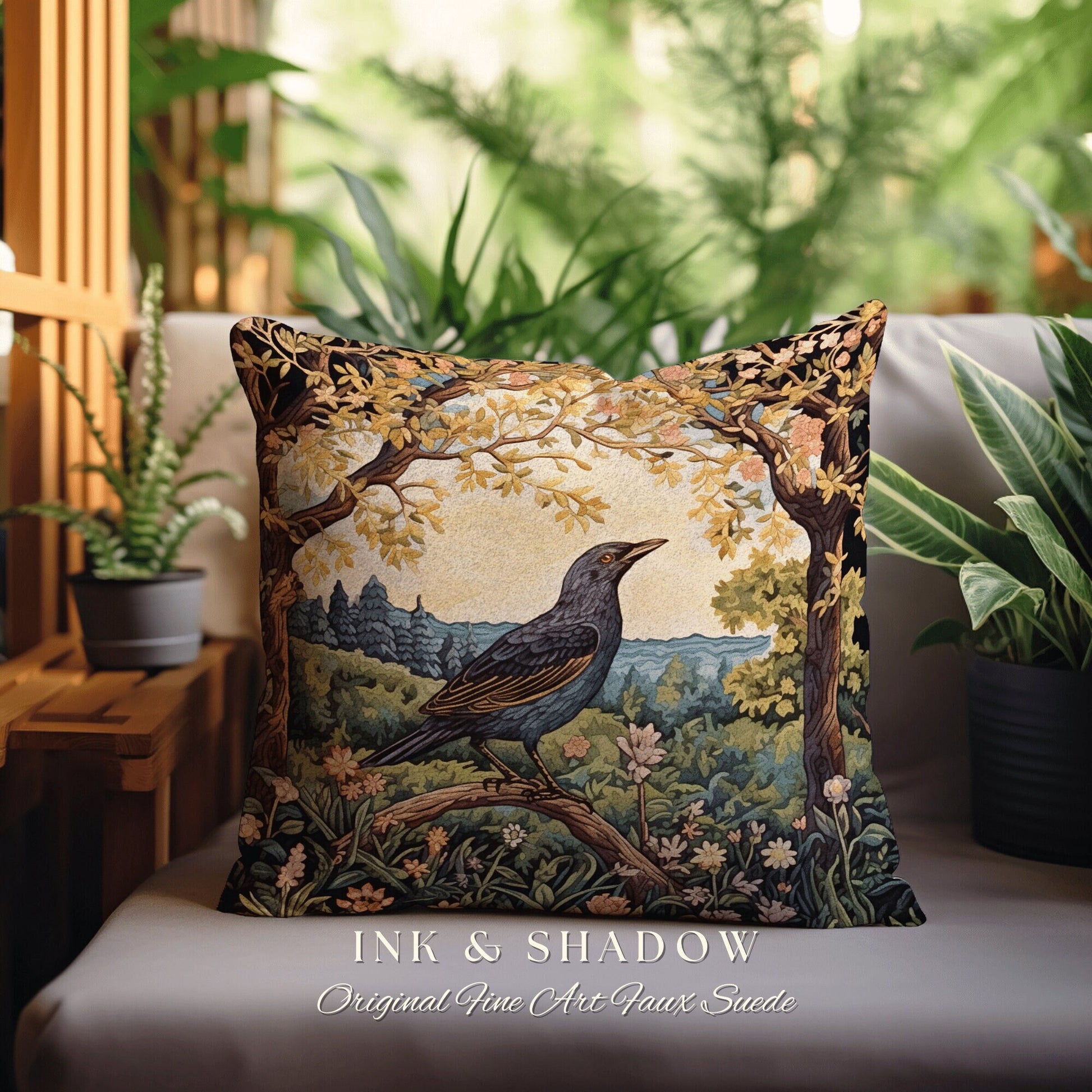 Crow Woven Pillow Whimsical | Gothic Pillow William Morris Inspired Raven Decor Crow Core Pillow Maximalist Rustic Pillow Dark Woodland Gift