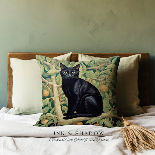 Black Cat Jungle Aesthetic Pillow | Cottagecore Theme Rustic Woodland Decor Crowcore Bedroom Fairycore Pillow Botanical Dark Academia Gift |