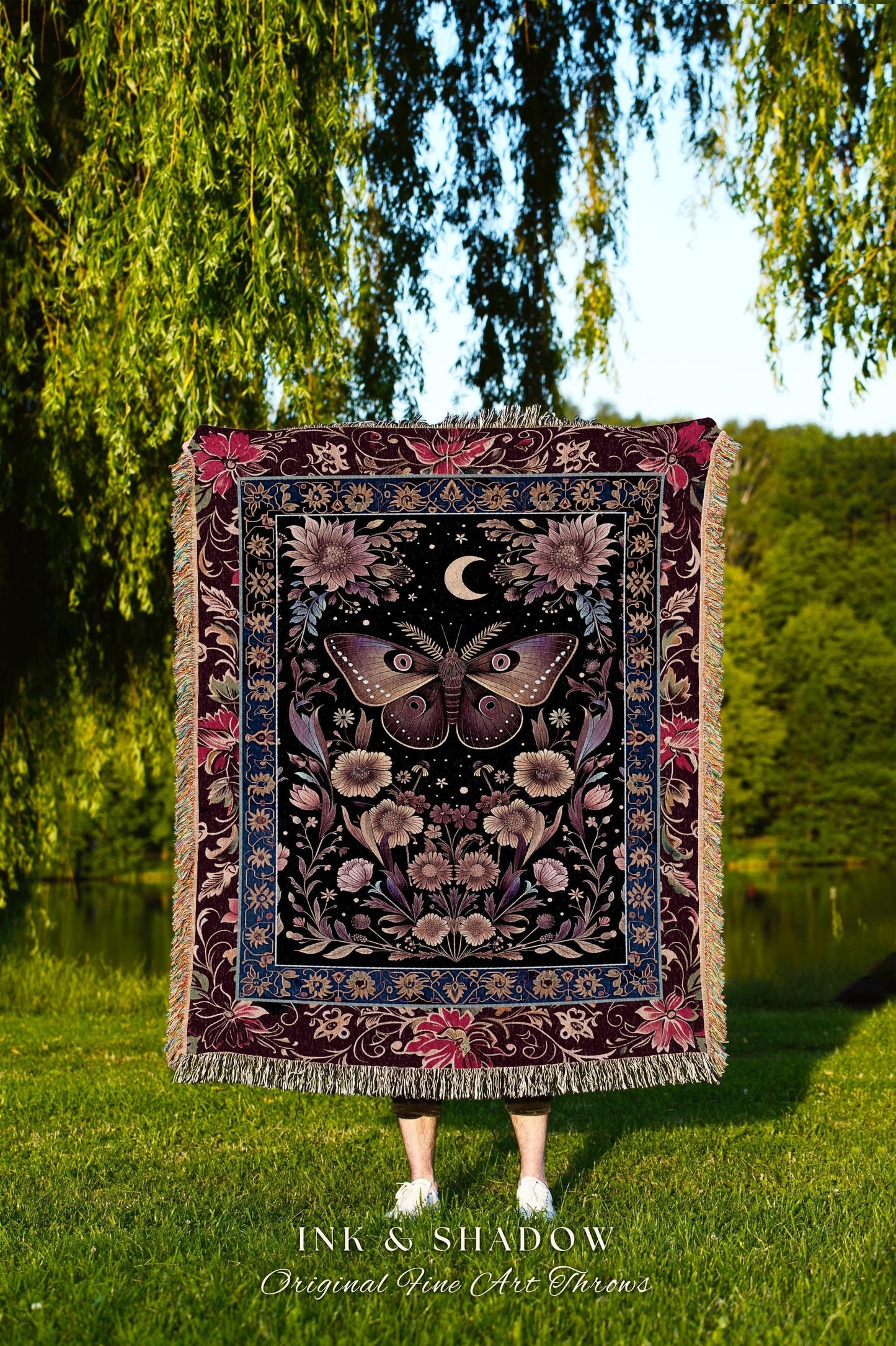 Mystic Moth Moon Woven Throw Blanket Whimsigothic Purple Dark Cottgecore Decor | Whimsical Boho Butterfly Dark Floral Fairycore Tapestry