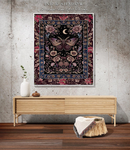 Mystic Moth Moon Woven Throw Blanket Whimsigothic Purple Dark Cottgecore Decor | Whimsical Boho Butterfly Dark Floral Fairycore Tapestry