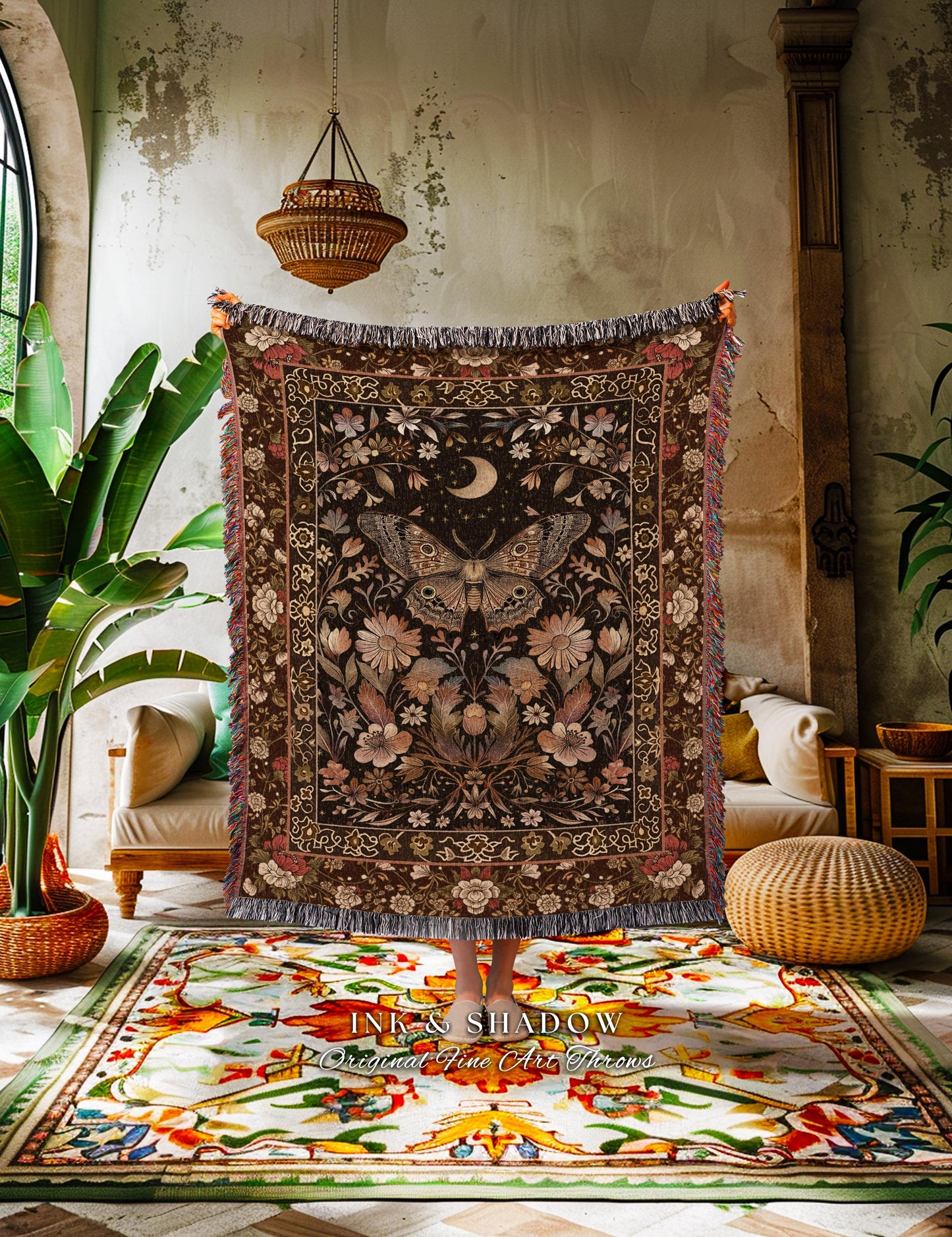 Vintage Floral Woodland Gothic Moth Moon Celestial Blanket Rustic Country Cottage, Mystic Fairycore Shabby Chic Butterfly Cottagecore Throw