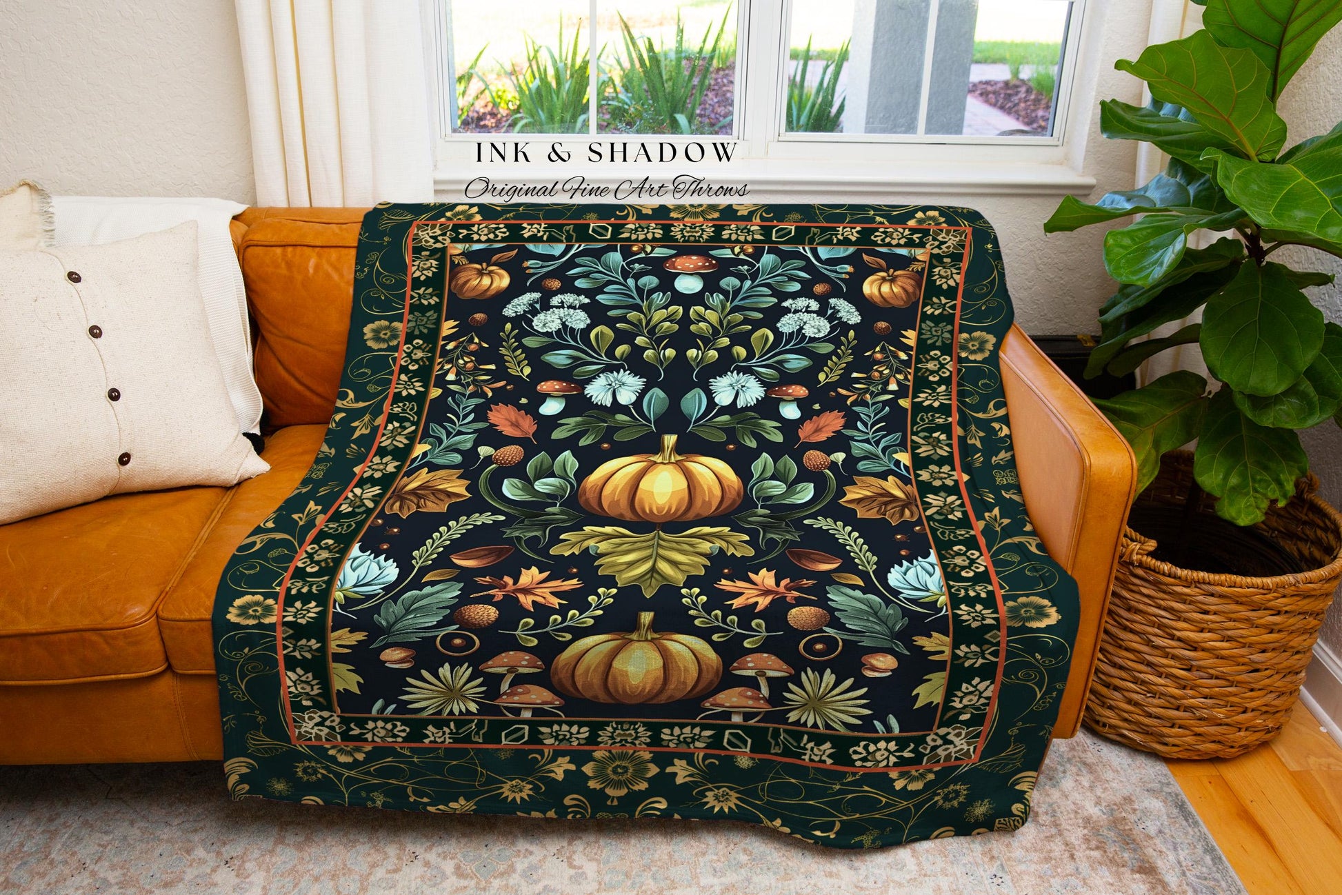 Dark Botanical Pumpkin Tapestry Gothic Decor Autumn Aesthetic | Cozy Cottagecore Rustic Fall Charm Whimsical Pumpkin Blanket Vintage Vibes