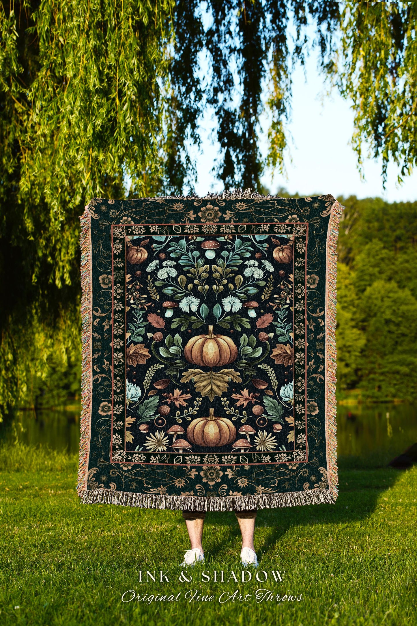 Dark Botanical Pumpkin Tapestry Gothic Decor Autumn Aesthetic | Cozy Cottagecore Rustic Fall Charm Whimsical Pumpkin Blanket Vintage Vibes