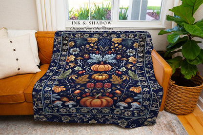 Blue Botanical Pumpkin Blanket Vintage Aesthetic Autumn Lovers Decor | Fall Decoration Eclectic Art Dark Academia Boho Cottagecore Tapestry