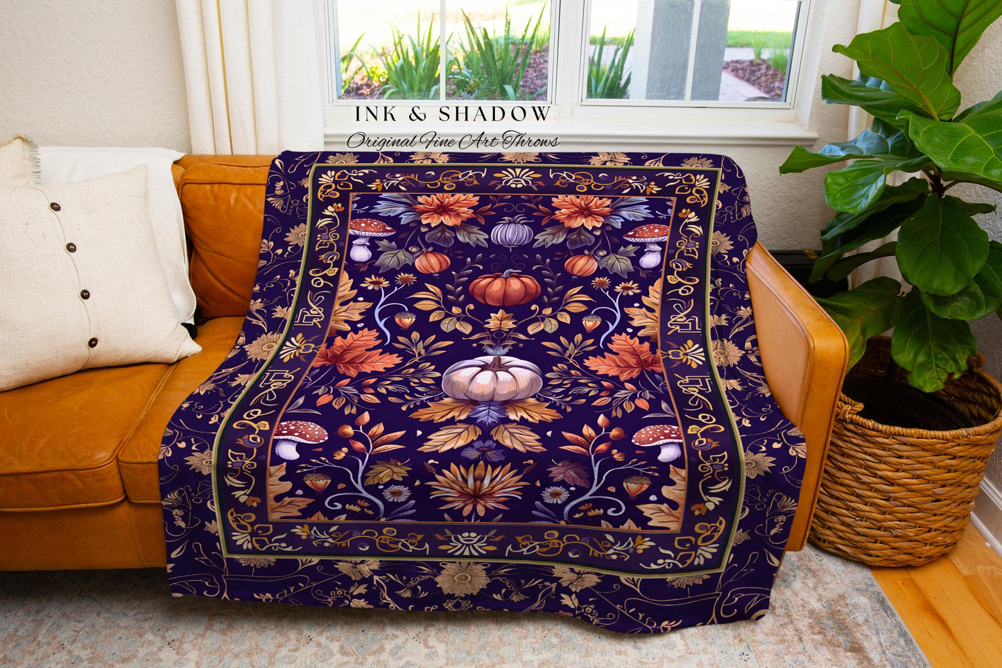 Enchanted Fall Pumpkin Whimsical Floral Blanket | Dark Cottagecore Moody Botanical Art Purple Pumpkin Tapestry Whimsigothic Fairycore Decor