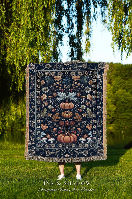 Blue Botanical Pumpkin Blanket Vintage Aesthetic Autumn Lovers Decor | Fall Decoration Eclectic Art Dark Academia Boho Cottagecore Tapestry