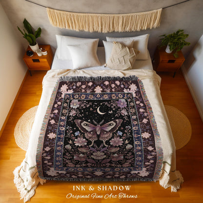 Purple Moth Celestial Blanket Boho Fairycore Dark Floral Decor | Enchanted Goth Cottagecore Butterfly Lovers Moth Moon Tapestry Whimsical