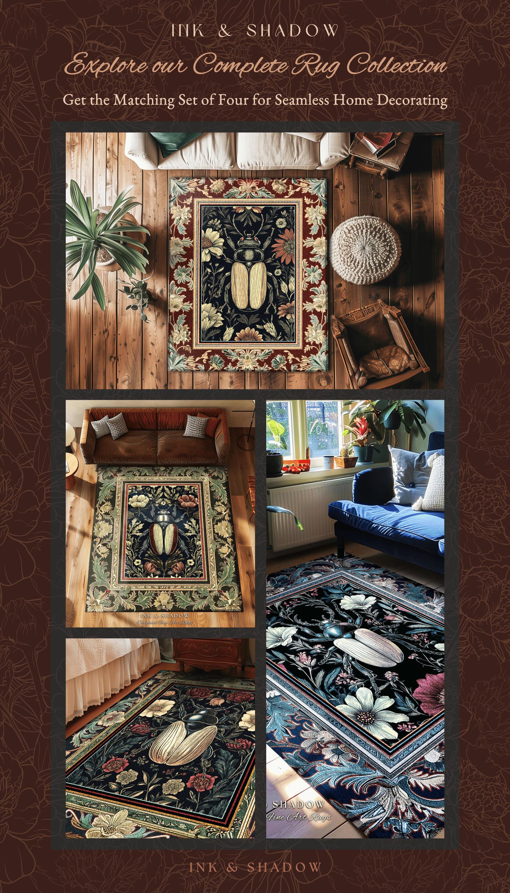 Dark Botanical Woodland Gothic Rug Vintage Aesthetic Victorian Beetle Floral Whimsigoth Decor | Witchy Dark Academia Forestcore Bug Art Rug