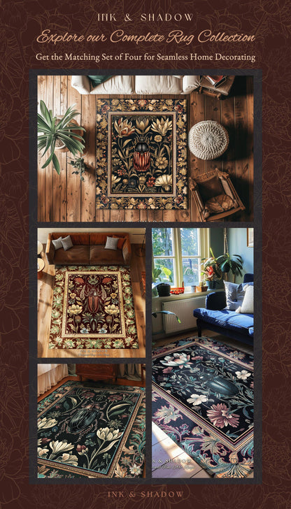 Enchanted Forest Dark Nature Theme Insects Decor Woodland Gothic Rug | Whimsical Dark Botanical Wildflower Forestcore Beetle Art Home Decor