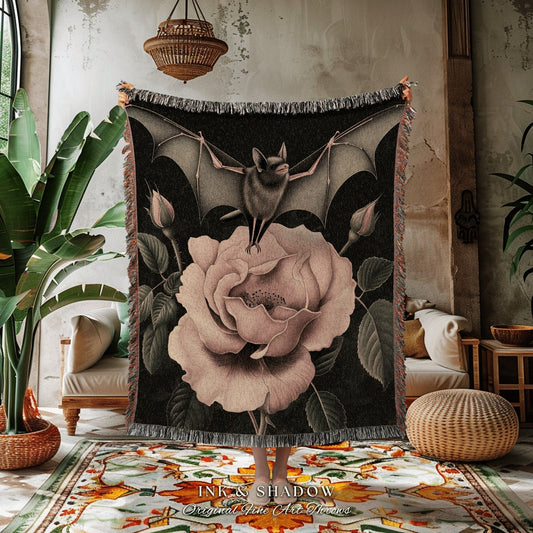 Rose Bat Victorian Blanket Woven | Cozy Pastel Cottagecore Throw Blanket Fairycore Wall Art Bedroom Decor Dark Woodland Bat Gothic Inspired