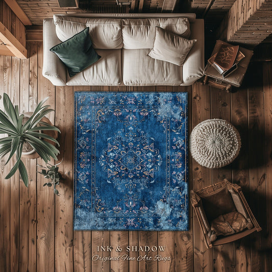 Navy Blue Elegant Aesthetic Rug | Modern Living Room Indigo Home Decor Elegant Aesthetic Dark Cottagecore Royal Blue Bedroom Boho Floor Mat