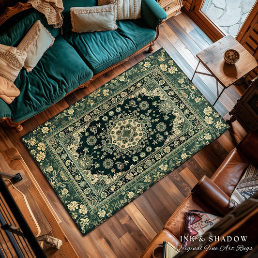 Victorian Gothic Bedroom Rug | Reading Nook Cozy Floor Rug Ornate Statement Rug with Blue Green Detail Cottagecore Dark Academia Aesthetic