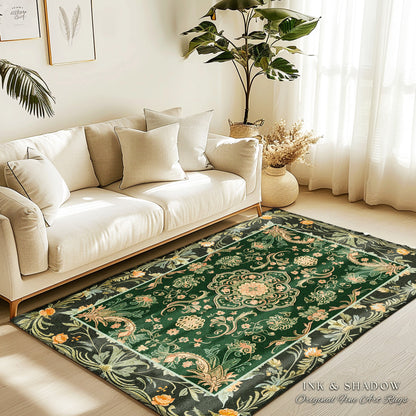 Emerald Accent Rug for Living Room | Classic Ornate Statement Rug with Green Detail Peachy Accent Bohemian Aesthetic for Cozy Reading Nook |