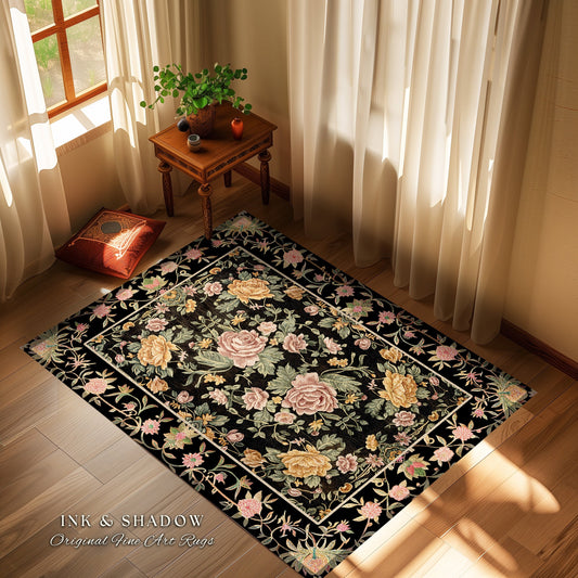 Victorian Roses Floral Accent Rug | Dark Floral Aesthetic Living Room Home Decor Rustic Housewarming Gift Cottagecore Pastel Bedroom Mat