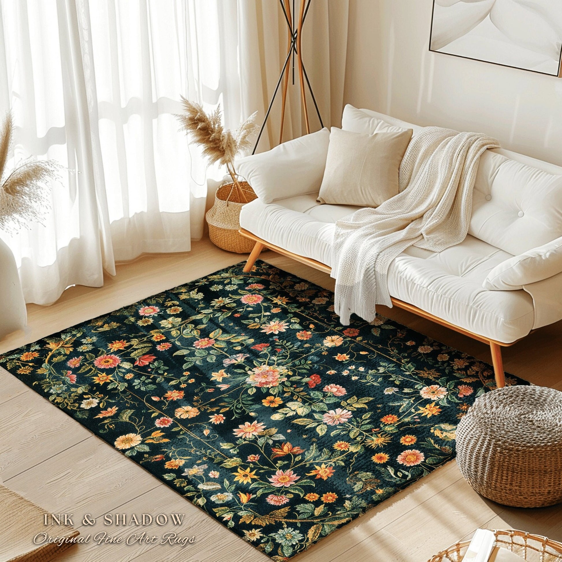 Dark Academia Wildflower Rug | Floral Aesthetic Ornate Gothic Home Decor Whimsical Rustic Housewarming Gift Dark Academia Ethereal Bedroom |