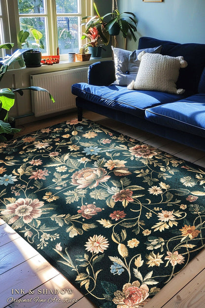 Dark Victorian Aesthetic Rug | Ethereal Gothic Livingroom Decor Ornate Home Decor Whimsical Crowcore Rug Dark Academia Witchy Bedroom Floral