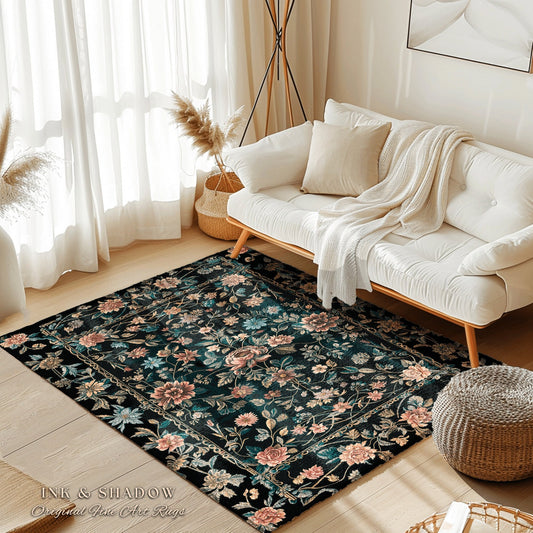 Dark Cottagecore Floral Accent Rug | Maximalist Aesthetic Danish Pastel Home Decor Rustic Housewarming Gift Fairycore Bedroom Whimsical |