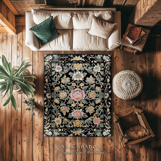 Flowery Bedroom Accent Rug | Dark Floral Aesthetic Victorian Living Room Home Decor Rustic Housewarming Gift Cottagecore Bedroom Floor Mat |