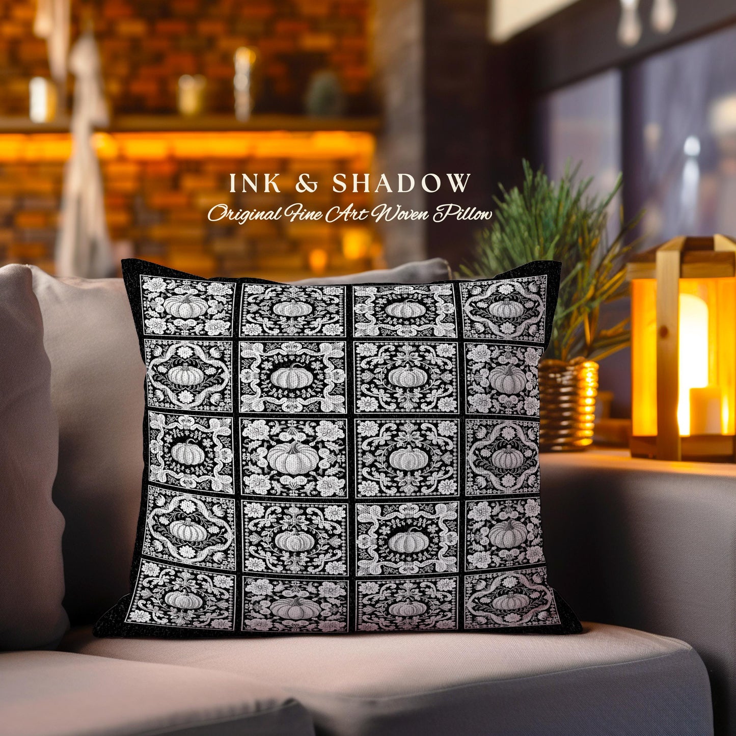 Whimsigothic Pumpkin Pillow Woven Boho Cottagecore Tapestry Pillow Vintage Aesthetic Halloween Retro Gothic Black White Blanket Fall Gifts