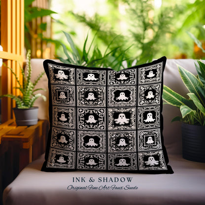 Whimsical Spooky Cute Ghosts Woven Tapestry Pillow | Vintage Halloween Folk Art Whimsigothic Cushion Witchy Dark Academia Home Decor Accent