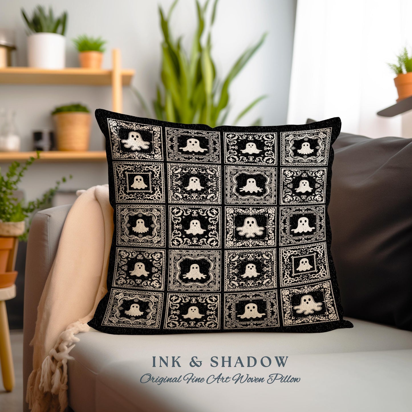 Whimsical Spooky Cute Ghosts Woven Tapestry Pillow | Vintage Halloween Folk Art Whimsigothic Cushion Witchy Dark Academia Home Decor Accent