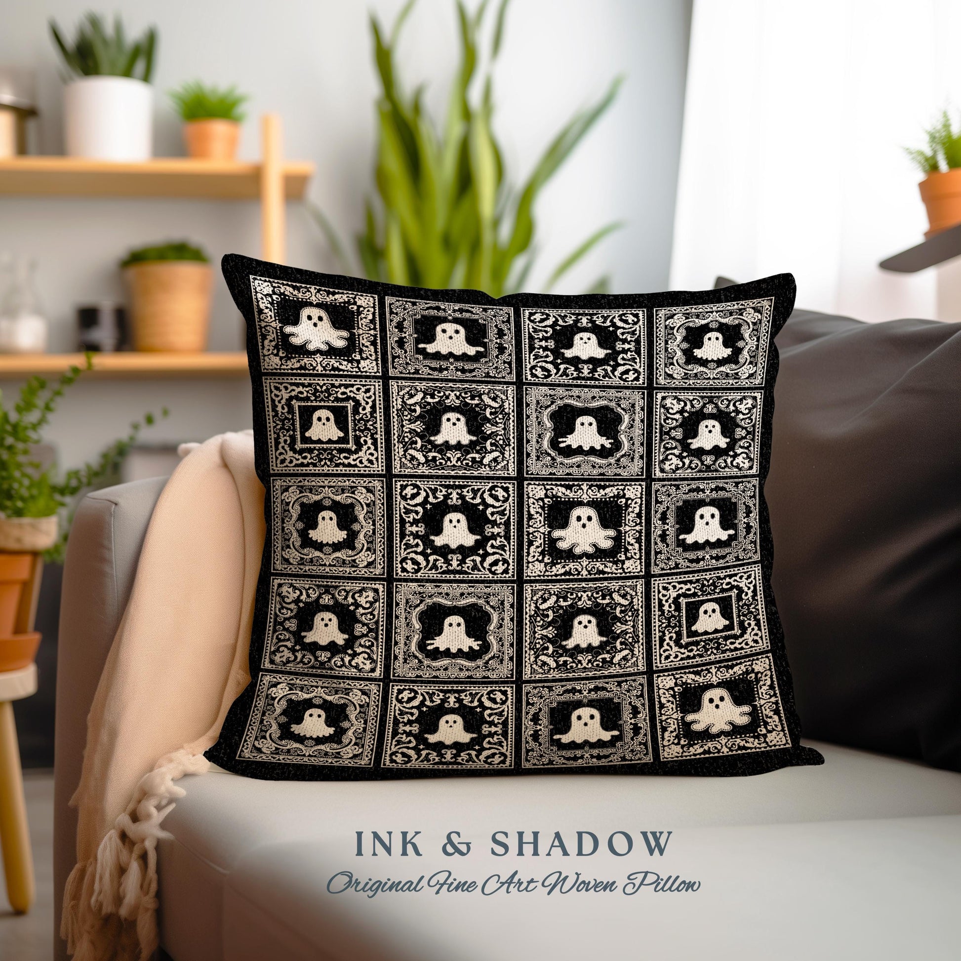 Whimsical Spooky Cute Ghosts Woven Tapestry Pillow | Vintage Halloween Folk Art Whimsigothic Cushion Witchy Dark Academia Home Decor Accent