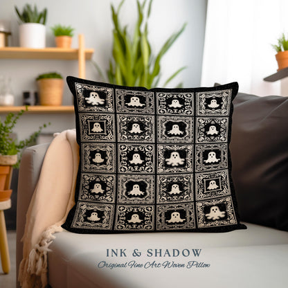 Whimsical Spooky Cute Ghosts Woven Tapestry Pillow | Vintage Halloween Folk Art Whimsigothic Cushion Witchy Dark Academia Home Decor Accent