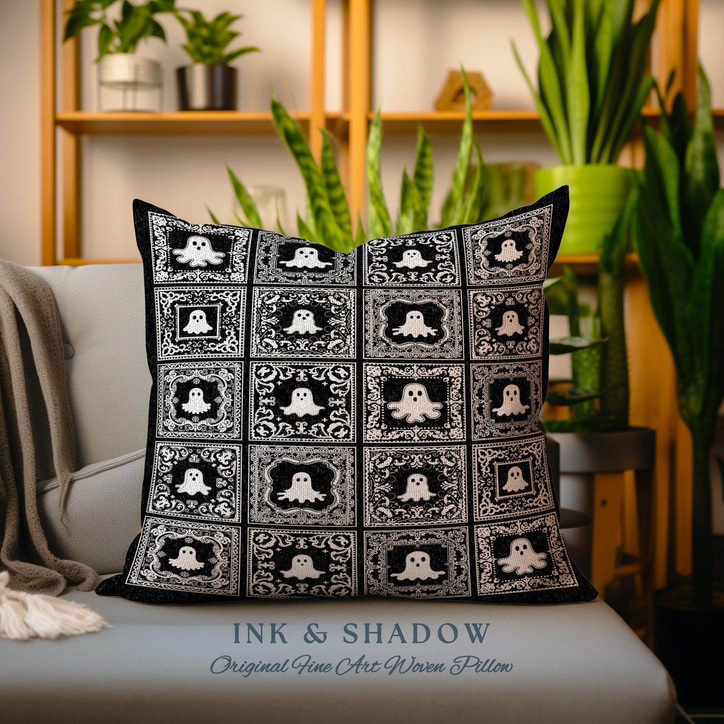 Whimsical Spooky Cute Ghosts Woven Tapestry Pillow | Vintage Halloween Folk Art Whimsigothic Cushion Witchy Dark Academia Home Decor Accent