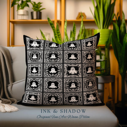 Whimsical Spooky Cute Ghosts Woven Tapestry Pillow | Vintage Halloween Folk Art Whimsigothic Cushion Witchy Dark Academia Home Decor Accent