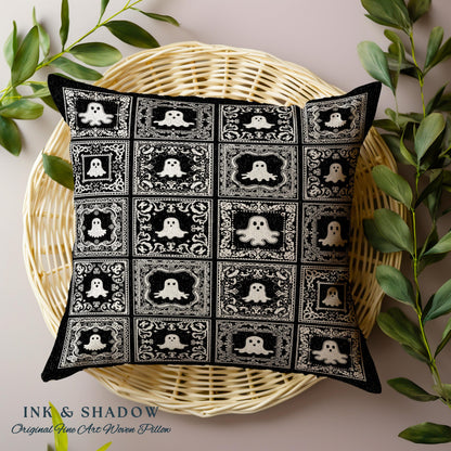 Whimsical Spooky Cute Ghosts Woven Tapestry Pillow | Vintage Halloween Folk Art Whimsigothic Cushion Witchy Dark Academia Home Decor Accent