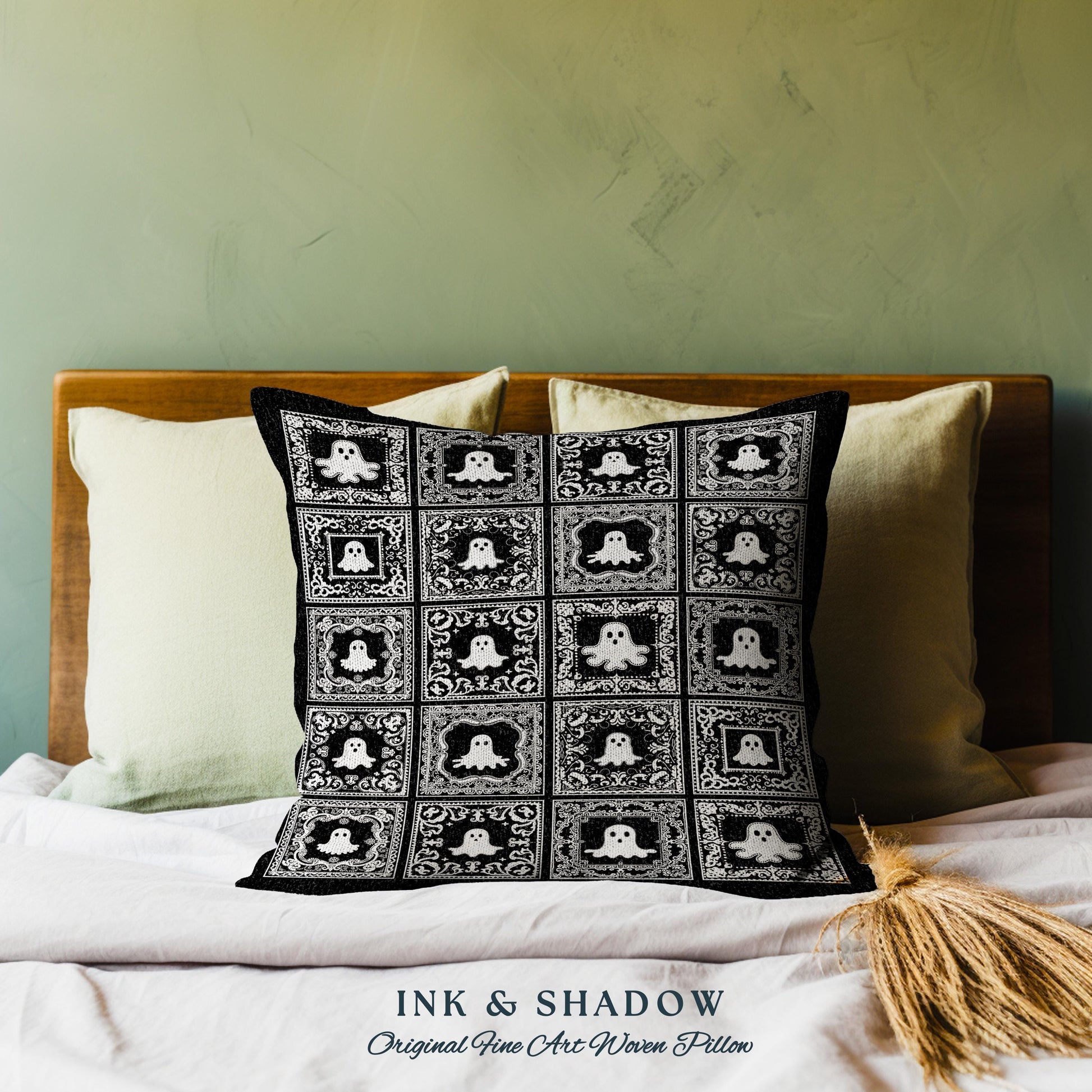 Whimsical Spooky Cute Ghosts Woven Tapestry Pillow | Vintage Halloween Folk Art Whimsigothic Cushion Witchy Dark Academia Home Decor Accent