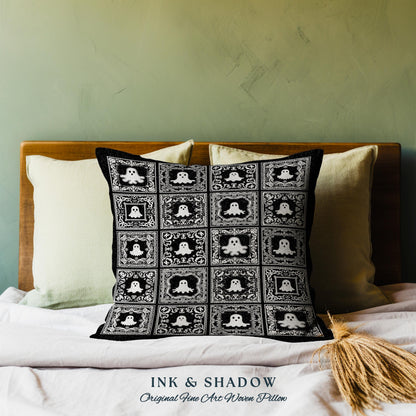 Whimsical Spooky Cute Ghosts Woven Tapestry Pillow | Vintage Halloween Folk Art Whimsigothic Cushion Witchy Dark Academia Home Decor Accent