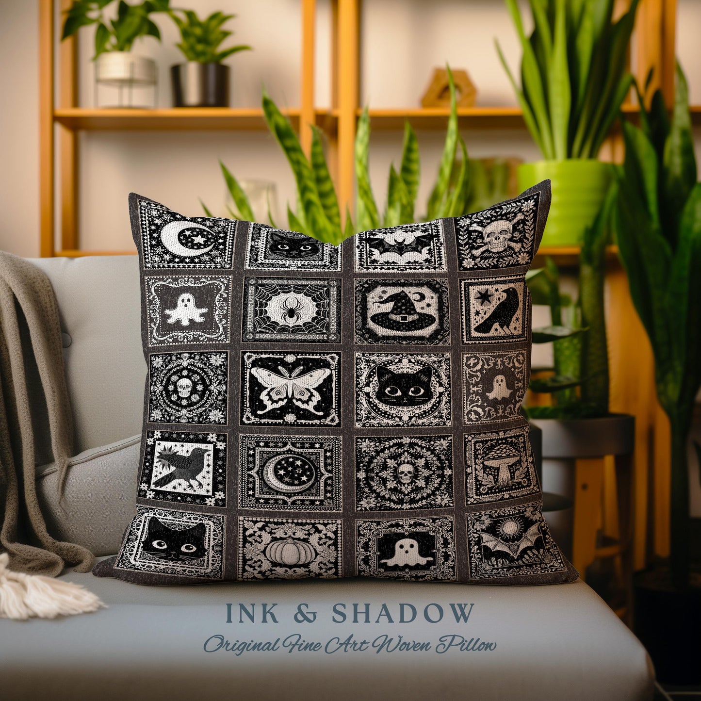 Witchy Woven Pillow Spooky Creepy Witch Decor | Cute Halloween Tapestry Pillow Scary Spooky Season Nights Goth Gifts Dark Aesthetic Decor.