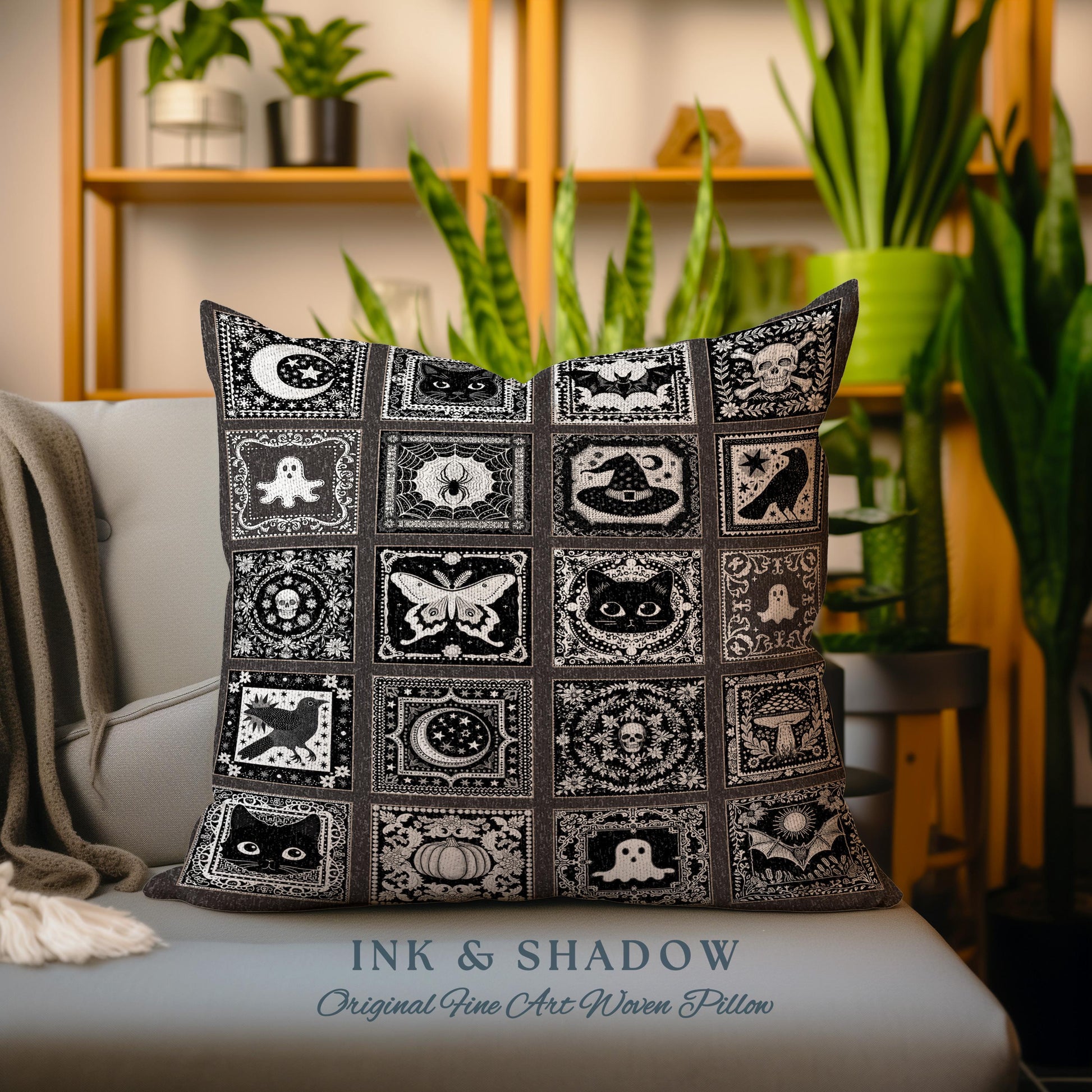 Witchy Woven Pillow Spooky Creepy Witch Decor | Cute Halloween Tapestry Pillow Scary Spooky Season Nights Goth Gifts Dark Aesthetic Decor.