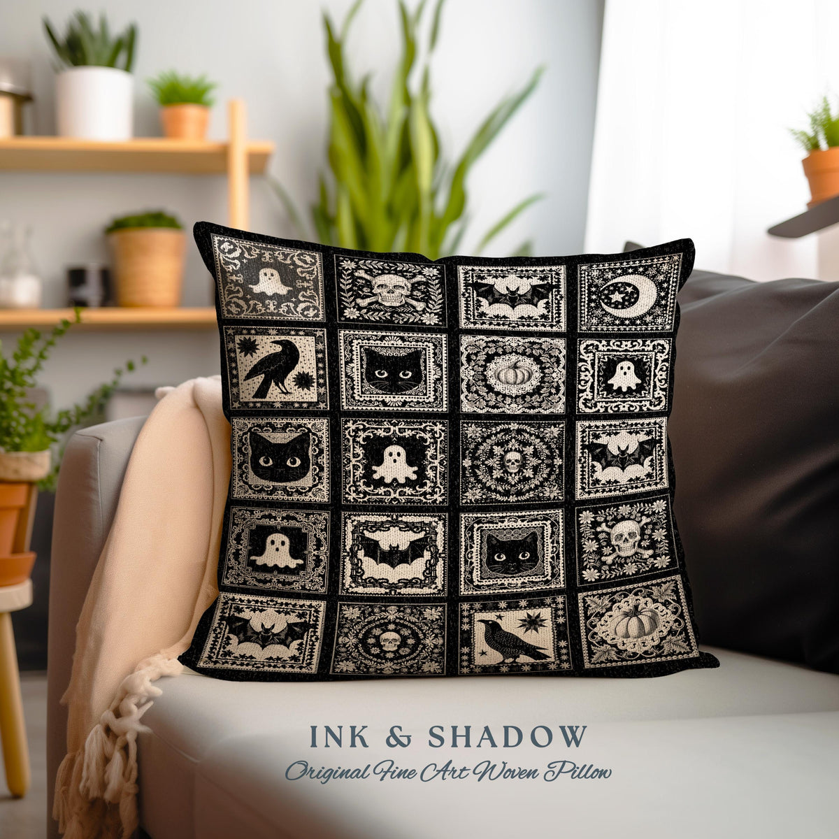 Spooky Season Pillow Halloween Home Decor Cozy Witchy Woven Pillow Gift For Goth Room Decor Whimsigothic Fall Decorating Dark Academia Art