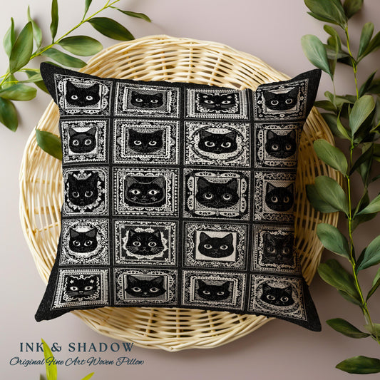 Black Cats Whimsigothic Woven Folk Art Pillow | Cute Cozy Gothic Dark Cottagecore Tapestry Style Cushion Witchy Bedroom Halloween Hoe Decor