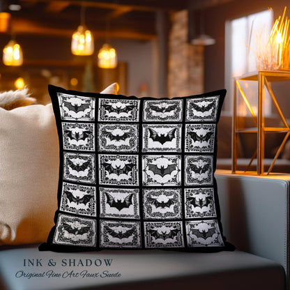 Whimsigoth Bat Pillow Victorian Gothic Decor | Retro Halloween Woven Tapestry Pillow Dark Cottagecore Spooky Season Bat Art Boho Fairycore