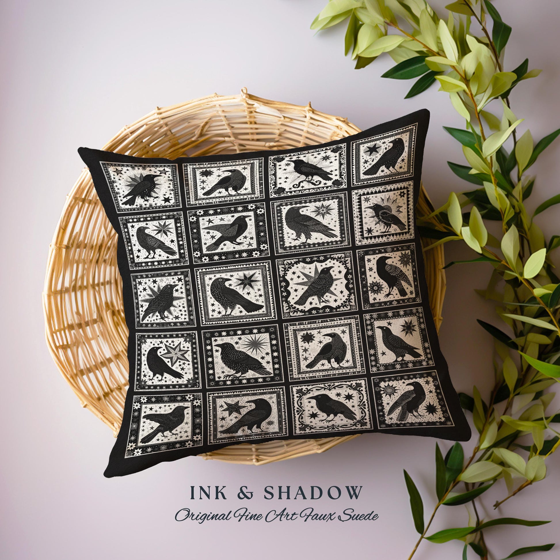 Retro Gothic Crow Tapestry Pillow Witchy Cottagecore Decor Woven Raven Pillow Halloween Home Decor Crowcore Whimsigothic Aesthetic Bedroom