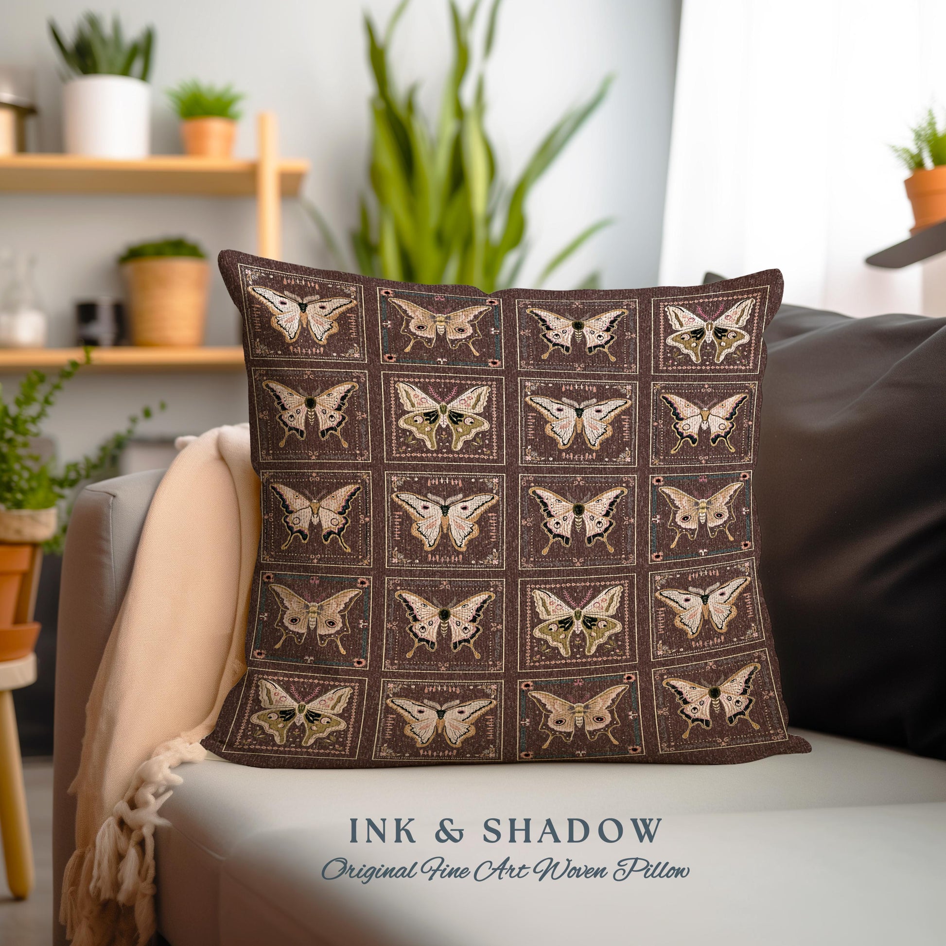 Whimsical Moth Pillow Woven Dark Academia Decor | Luna Moth Art Gothic Home Decor Bohemian Butterfly Pillow Cozy Goth Cottagecore Fall Gifts