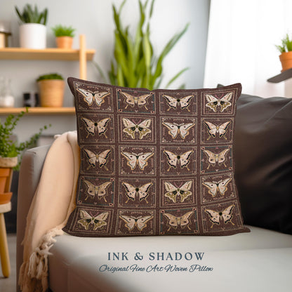 Whimsical Moth Pillow Woven Dark Academia Decor | Luna Moth Art Gothic Home Decor Bohemian Butterfly Pillow Cozy Goth Cottagecore Fall Gifts