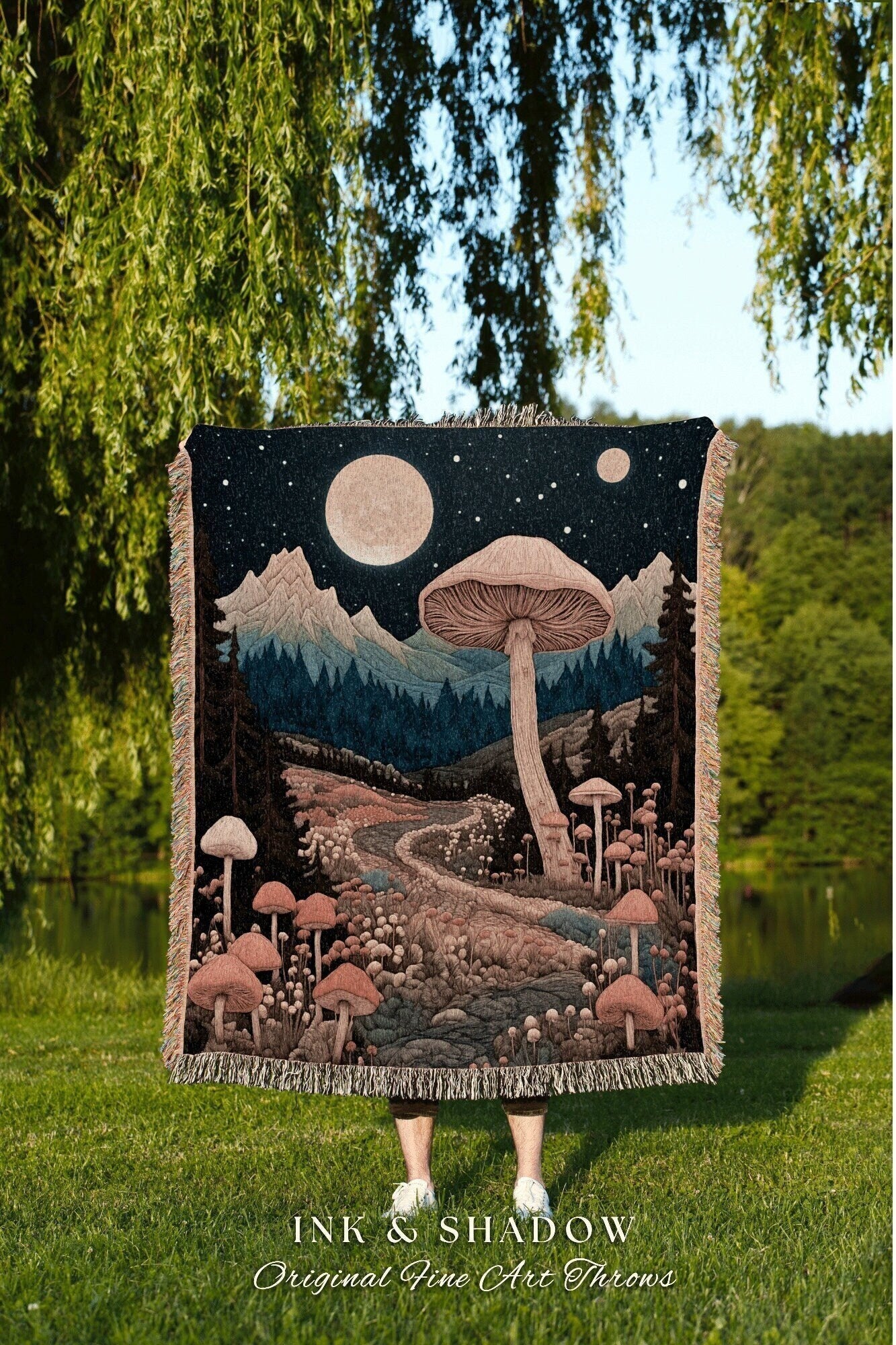 Dreamy Woodland Woven Blanket | Cozy Gift for Mushroom Lover Whimsical Style Cottagecore Aesthetic Crowcore Wall Hanging Tapestry Fairycore