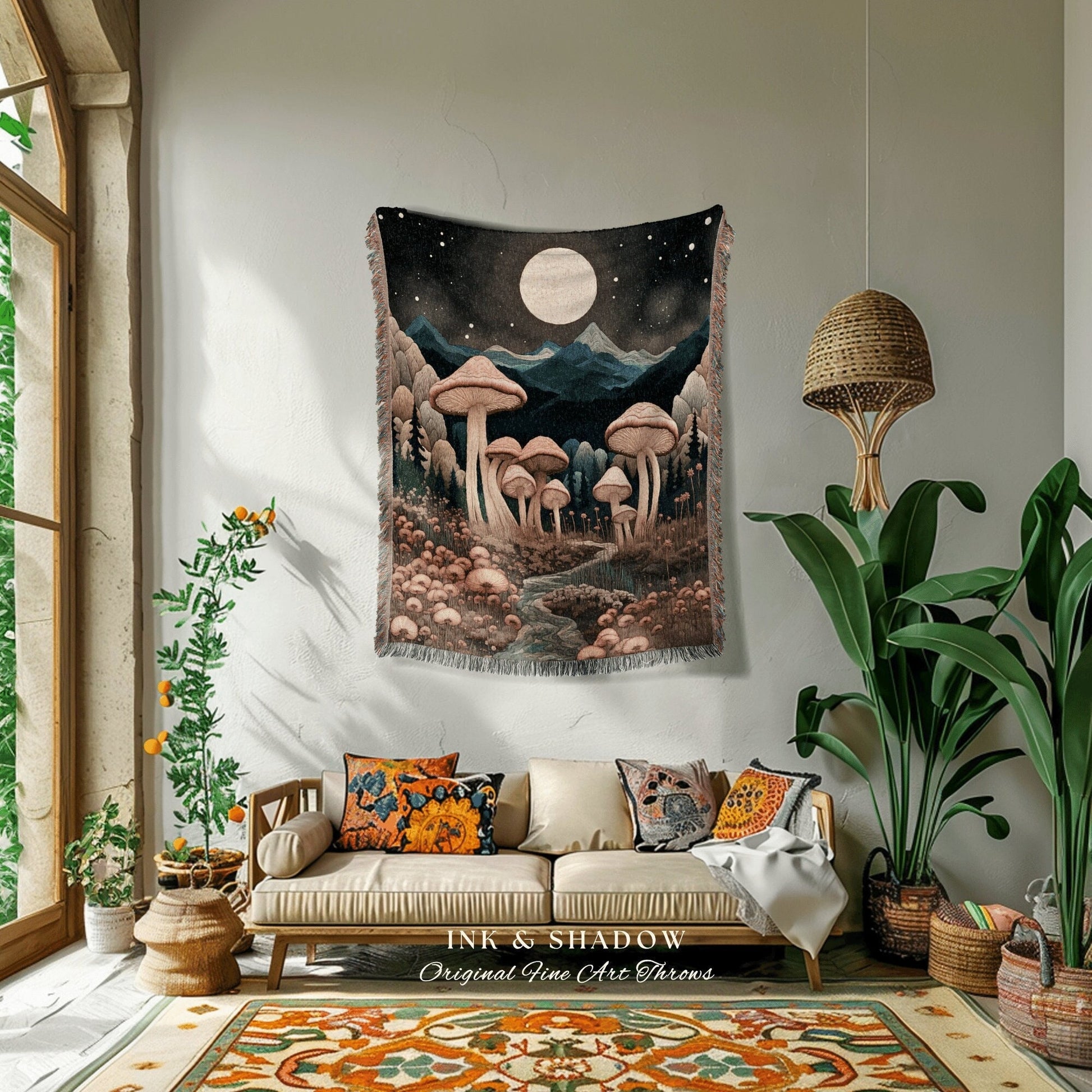 Midnight Mushroom Woven Tapestry | Throw Blanket Cozy Gift for Mushroom Lover Whimsical Style Cottagecore Aesthetic Crowcore Wall Tapestry