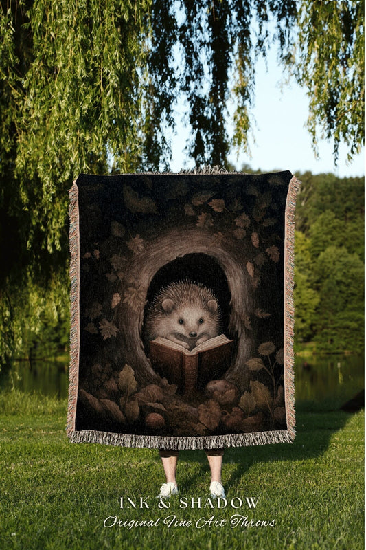 Bookish Aesthetic Hedge Hog Blanket | Forestcore Dark Woodland Cottagecore Tapestry Woven Mystical Book Nook Gift for Reader Cozy Throw |