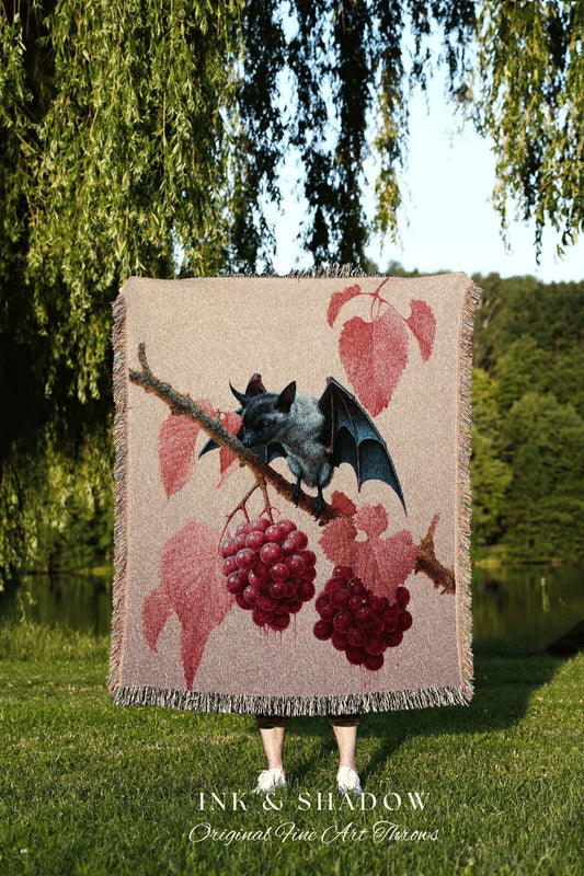 Raspberry Bat Blanket Woven Tapestry Cottagecore Decor | Pastel Goth Tapestry Pink Bedroom Decor Fruit Bat Pink Pastel Wall Art Whimsical |