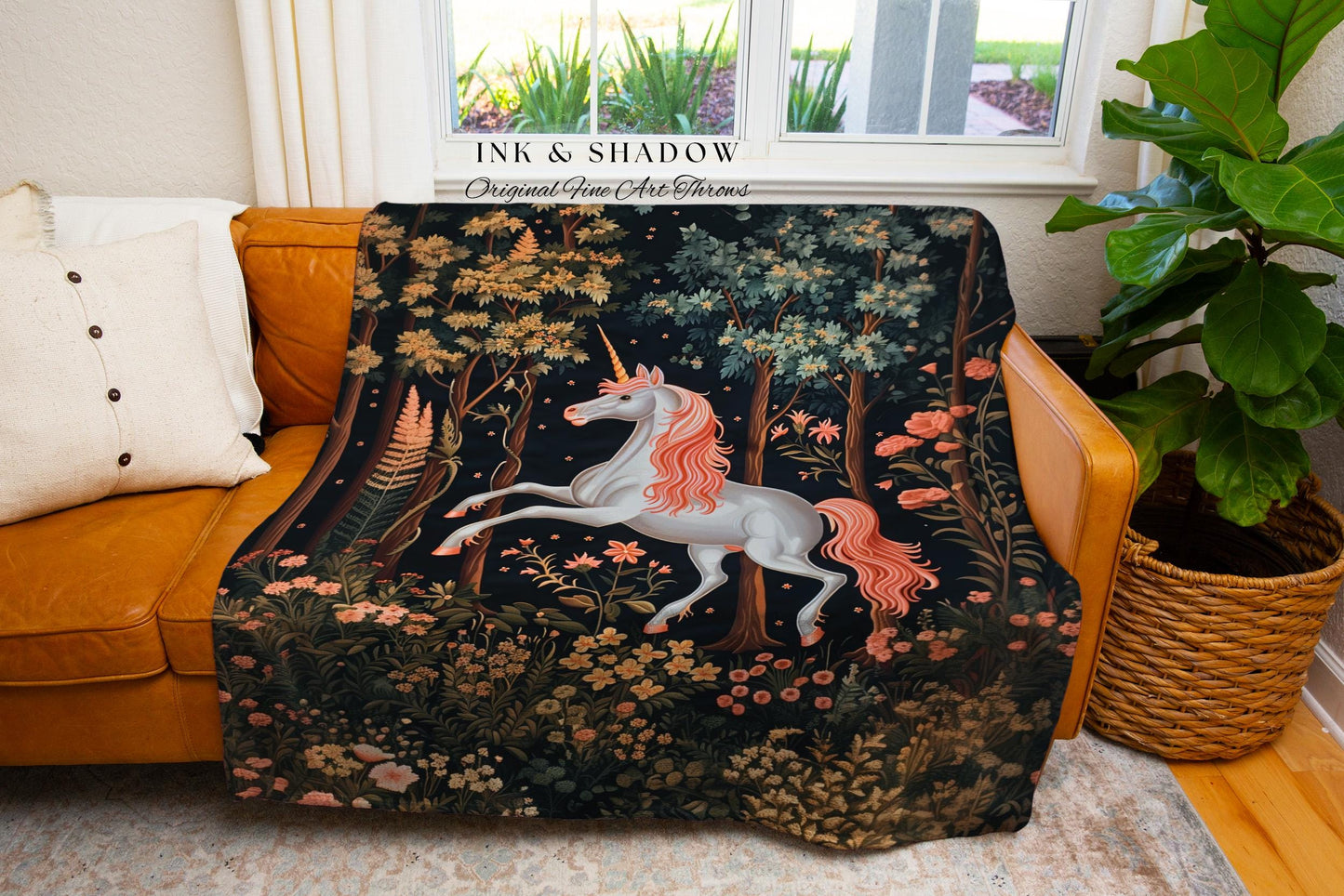 Whimsical Floral Unicorn Blanket Woodland Magical Folklore Aesthetic | Mythical Creatures Enchanted Forest Dark Cottagecore Tapestry Throw